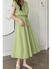 economico disegnare abiti in cotone e lino-Per donna Abito Midi Abiti in cotone e lino Moda Classico Moderno All&#039;aperto Quotidiano Ferie Vestibilità regolare Semplice Senza Maniche Girocollo Nero Verde chiaro Verde militare Blu marino Estate