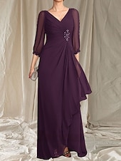 economico Lunghezza del pavimento-Linea ad A Abito da cerimonia per signora Ospite di nozze Elegante Scollo a V Lunghezza al pavimento Chiffon Manica 3/4 con Perline Arricciatura 2025