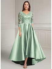 cheap Floor Length-Purple A-Line Mother of the Bride Dress Elegant Vintage V Neck Asymmetrical Satin Long Sleeve with Lace Appliques Solid Color