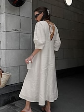 preiswerte Weiße Freizeitkleider-Damen Langes Kleid Maxikleid Freizeitkleid Sommerkleid Boho-Kleid Elegant Mode Basic Puffärmel Büro Geburtstag Täglich Normale Passform Einfach Halbarm Tiefer V-Ausschnitt Weiß Sommer Frühling Herbst