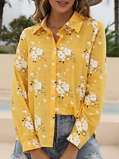 preiswerte Hemden-Damenhemd Floral Stylish Casual Langarmhemd Kragen Regelmäßige Tops Täglich Leinenähnliche Knöpfe Druck Weiß Gelb Hellblau Sommer Frühling