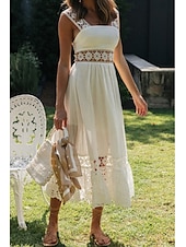 cheap White Graduation Dresses-Women&#039;s Midi Dress White Dress Graduation Dress Elegant Fashion Modern Vacation Birthday Going out Regular Fit Plain Sleeveless U Neck White Summer