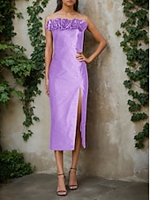 preiswerte Cocktailkleider-Säulen Cocktailkleider Elegantes Kleid Formelles Hochzeitskleid Tee Länge Ärmellos Off-Shoulder Rosa Kleid Satin mit Blume