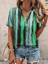 ieftine Tricou cu dungi și geometric-Pentru femei Tricou Grafic Dungi Casual Manșon scurt În V Topuri obișnuite Zilnic Imprimeu Roșu-aprins Mov Trifoi Vară