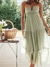 abordables Robes de vacances-Femmes Robe Midi Robe de remise des diplômes Mode Extérieur Date Sortir Coupe régulière Uni Sans manches Bretelles spaghetti Bleu Vert Été