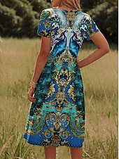 levne Boho šaty-Ženské mini šaty A-line šaty tričkové šaty T-shirt šaty sundress dovolená boho pláž každodenní pravidelný střih geometrické paisley krátký rukáv kulatý výstřih safírová léto