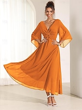economico Abiti da festa-abito da cocktail per invitati a nozze da donna in chiffon tinta unita con volant intrecciato elegante abito lungo estivo scollo a V svasato manica a 3/4