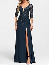 preiswerte Bodenlänge-A-Linie Brautmutterkleid Hochzeitsgast Elegant V Ausschnitt Bodenlang Chiffon Halbarm mit Applikationen Geteilter Vorderteil 2025
