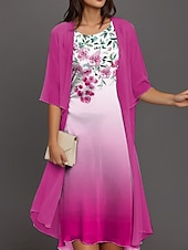 abordables Robe Fleurie-Robe midi de graduation pour femmes 2 pièces Ensemble de robe Robe évasée Cocktail Semi-formel Imprimé graphique floral Manches demi Col rond Formelle Invité de mariage Bleue Violet Fuchsia Été
