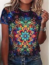 abordables T-shirt floral-Femmes T-shirt Hauts d&#039;été Graphique Bloc de Couleur Classique Occasionnel Manche Courte Col ras du cou Hauts courts Quotidien Week-end Imprimé Arc-en-ciel Été Printemps Automne