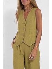 cheap Sets-Women&#039;s Active Basic Linen-Inspired Sets Two Piece Sets Blouse Sleeveless V Neck Solid Color Dubbele Rij Knopen Vacation Casual Daily Black White Wine Summer Regular Fit