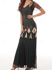 cheap Under $129.99-Sheath / Column Mother of the Bride Dress Elegant Vintage Party V Neck Floor Length Lace Tulle Short Sleeve with Beading Sequin Appliques
