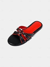 abordables Sandalias de Vestir-Sandalias planas para mujer en beige y rojo con tiras anudadas: zapatos casuales para el día a día y para citas de verano.