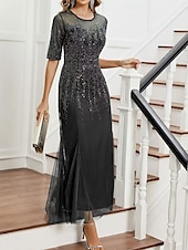 cheap Under $129.99-Dress Mother of the Bride Dress Elegant Party Black Dress Crew Neck Floor Length Polyester Half Sleeve with Sequin 2025
