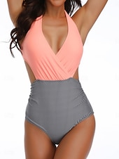 billige Onepiece badedrakter-Kvinners Badetøy Én Delt Monokini Badedrakt Ryggløs Magekontroll Høy Midje Slim Ferie Strandklær Blomster Prikkete V-Hals Ermeløs Badedrakter