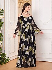 preiswerte Unter 129,99 $-Kleid Mutter der Braut Kleid Elegant Lässig V-Ausschnitt Bodenlange Chiffon Langarm mit Band  Bänder Falten Hochzeitsgast Kleid