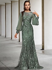 economico Lunghezza del pavimento-Abito madre della sposa a sirena per invitati a matrimoni elegante brillante scollo gioiello strascico/traine in chiffon maniche lunghe con applicazioni in paillettes 2025 taglia personalizzata