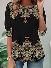 billige Boho t-skjorte-Dame T skjorte Blomstret Grafisk Fritid Langermet Crew-hals Vanlige topper Daglig Trykt mønster Hvit / Svart Svart Blå Oransje Brun Vår Høst