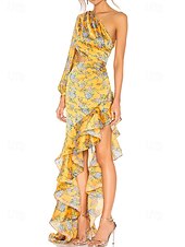 cheap YELLOW-Mermaid / Trumpet Evening Gown Elegant Dress Wedding Wedding Guest Floor Length Long Sleeve One Shoulder Asymmetrical Neckline Satin with Floral Print Pleats Ruffles Wedding Guest Dress 2025