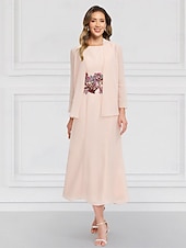 cheap With Jacket-Blue Green Floral Two Piece Dress Sets Mother of the Bride Elegant Vintage Jewel Neck Ankle Length Chiffon Long Sleeve with Lace Embroidery Flower