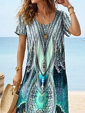 tanie Sukienki boho-Damskie Sukienka midi Sukienka letnia Sukienka A line Urlop Codzienny Boho Motylkowy Urlop Plaża Regularny Graficzny Geometryczny W Tureckie Wzory Krótki rękaw Wycięcie pod szyją Biały Żółty