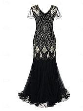 abordables Moins de 129,99 $-Robe Robe de Mère de Mariée  Élégant ancien Fête Col en V Longueur au sol Polyester Manche Courte avec Paillettes 2025