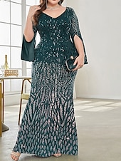 baratos AZUL-Vestido Plus Size Mãe da Noiva Vestido de Curvas Elegante Festa Decote em V Comprimento do Chão Spandex Manga Longa com Lantejoula 2025