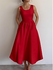 abordables Robe Simple-Femmes Robe Midi Robe d&#039;Été Robe trapèze Robe à épaules dénudées Vacances Occasionnel Sortir Coupe régulière Couleur Unie Graphique Uni Sans manches Col en U Noir Blanche Vin Bleu Océan Été