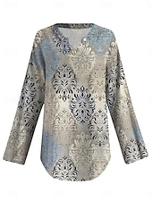 tanie Damskie topy boho-Damskie Bluzka Graficzny Geometryczny Zabytkowe Codzienny Długi rękaw W serek Zwykłe topy Codzienny Święto Ubrania wakacyjne Nadruk Niebieski Lato Wiosna