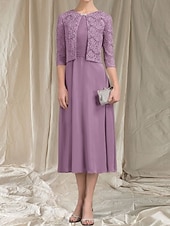 abordables Longueur du thé-Robe Mère de la Mariée A-Line Deux Pièces Invité de Mariage Élégante Col Arrondi Longueur Thé Chiffon Dentelle Manches 3/4 avec Robe Midi Ruchée en Dentelle 2025