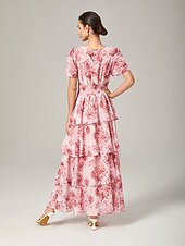 abordables Robes décontractées-Robe longue décontractée pour femme, tenue de soirée, col en V, manches courtes, coupe trapèze, imprimé floral, volants superposés, tenue de tous les jours, jupe gâteau, taille ajustée, robe longue