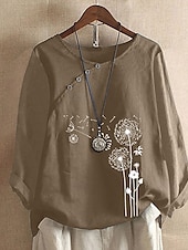 cheap Shirts-Women&#039;s Blouse Cotton Linen Shirts Flower Vintage Basic Casual Long Sleeve Crew Neck Regular Tops Daily Going out Buttons Print Black White Light Brown Brown Summer