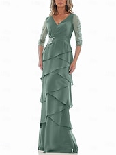 preiswerte Bodenlänge-A-Linie Kleid Brautmutterkleid Formell Elegant V Ausschnitt Bodenlang Chiffon Dreiviertelarm mit Stufen Kaskadierende Rüschen Einfarbig 2025