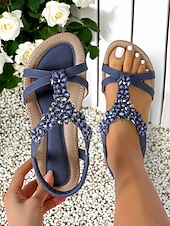 economico Sandali Comodi-sandali da donna blu navy con decorazioni floreali - eleganti scarpe estive basse con comoda soletta, ideali per l&#039;uso quotidiano o per feste in giardino