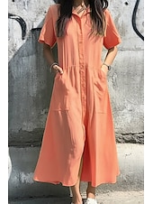 abordables concevoir des robes en coton et lin-Femmes Robe Midi Robes inspirées du lin Robe en coton et lin Mode Classique Vacances Sortir Week-end Coupe régulière Uni Manche Courte Col de chemise Rose Claire Jaune Vert Bleu clair Été