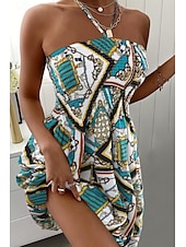 billige Uformelle blomsterkjoler-Dame Mini kjole Sommerkjole Halter Neck kjole Print kjole Mote Daglig Ut på byen Helg Normal Blomsternål i krystall Ermeløs Grimehals Hvit Navyblå Blå Sommer