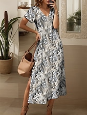 cheap Floral Dress-Women&#039;s Maxi Dress Sundress A Line Dress Vacation Casual Regular Fit Floral Graphic Short Sleeve V Neck Dusty Blue Summer Spring