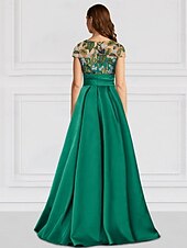 cheap GREEN-Green Floral Embroidered Leaf A-Line Evening Gown Elegant Dress Formal Wedding Floor Length Half Sleeve Illusion Neck Satin with Slit Appliques 2025