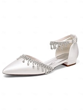abordables Occasionnel-Escarpins de mariage à bride cheville en satin blanc - chaussures de mariée à bout pointu avec détail goutte de cristal