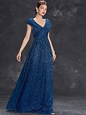 preiswerte BLAU-Kleid Brautmutterkleid Elegant Party V Ausschnitt Bodenlang Chiffon Polyester Kurzarm mit Paillette 2025