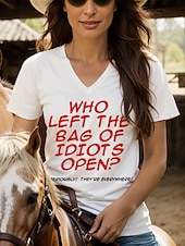 preiswerte Humor &amp; Zitate T-Shirt-Damen Bluse Buchstabe Brautkleider schlicht Kurzarm V Ausschnitt Normale Oberteile Täglich Ausgehen Strandbekleidung Bedruckt Schwarz Weiß Sommer