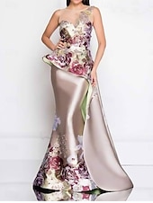 billige blomster-Mermaid Peplum Kjole Kveldsdrakt Elegant Kjole Bryllup Bryllupsgjest Gulvlengde Uten Ermer Crew Utringning Sateng med Blomstertrykk og Brodert Blonder