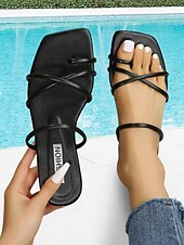 cheap Vacation Sandals-Women&#039;s Lavender Strappy Sandals – Trendy Square Toe Flat Sandals for Summer, Beach, and Casual Outings