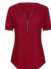 cheap Plain tee-Women&#039;s T Shirt Solid Color Plain Fashion Modern Casual Short Sleeve V Neck Regular Tops Daily Weekend Zipper Black White Pink Wine Royal Blue Summer