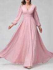 economico Abiti da damigella-abito da damigella a trapezio scollo a V manica lunga elegante lunghezza pavimento in chiffon con pieghe / spacco frontale / arricciatura 2025