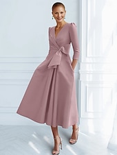 preiswerte Cocktailkleider-A-Linie Cocktailkleider Elegantes Kleid Formal Knöchellang 3/4-Ärmel V-Ausschnitt Tasche mit Schleife(n) Rüschendresses