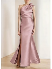 abordables Longueur du plancher-Sirène  Trompette Mère de la Mariée Robe Élégante Vintage Simple Épaule Dénudée Longueur de Sol Satin Sans Manches avec Nœud(s) Plis