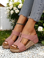 abordables Sandalias de cuña-Sandalias de cuña con remaches para mujer: zapatos de plataforma de corcho con punta abierta y cierre de cremallera para uso informal y de verano