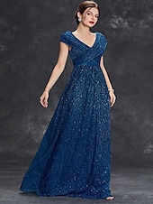 preiswerte BLAU-Kleid Brautmutterkleid Elegant Party V Ausschnitt Bodenlang Chiffon Polyester Kurzarm mit Paillette 2025