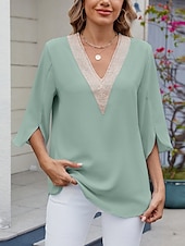 economico Top Semplici da Donna-Blusa da donna a tinta unita elegante casual maniche 3/4 colletto a V top regolari abbigliamento da giorno pizzo patchwork nera bianca rosa blu verde estate primavera